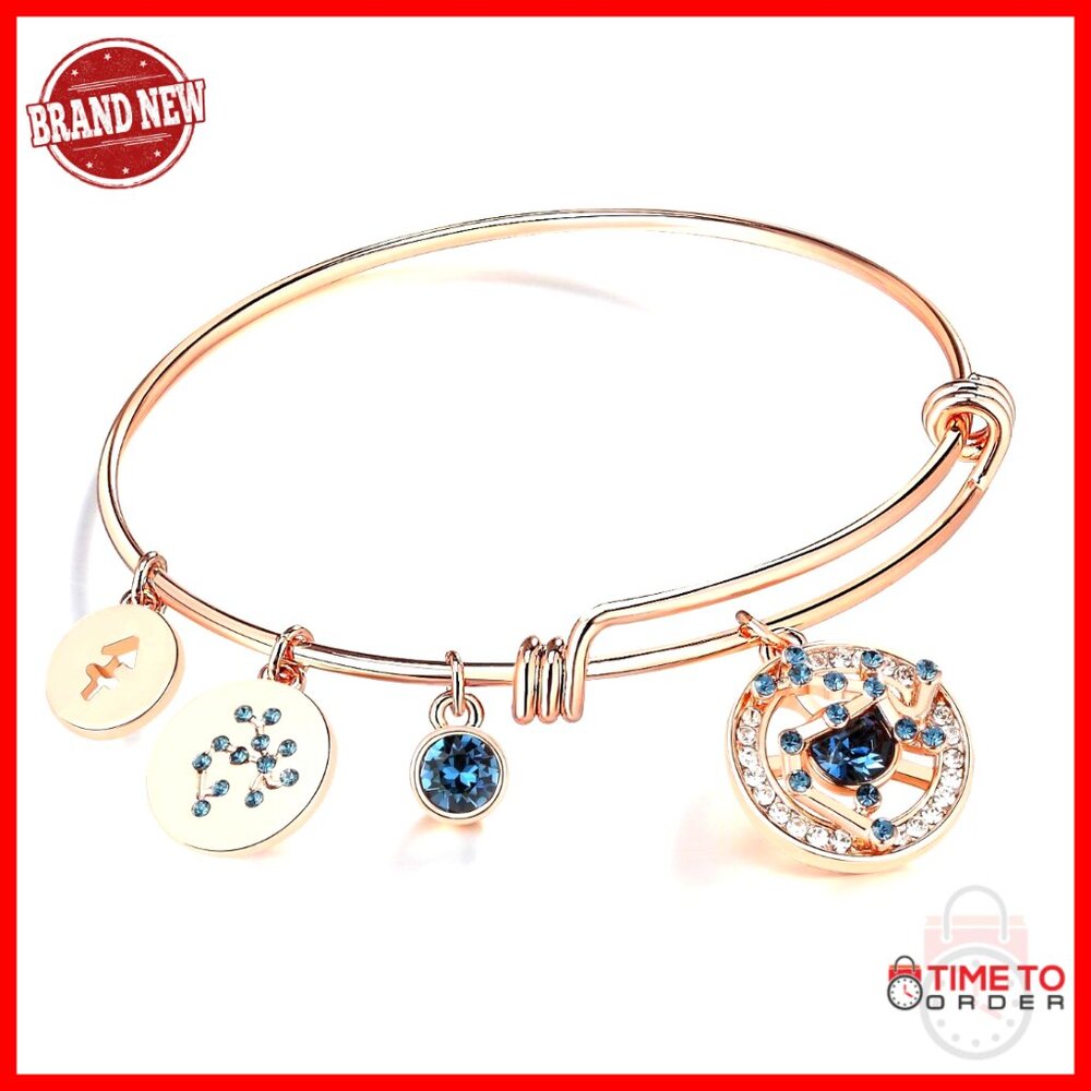 Expandable Bangle Bracelet With Zodiac Charm Premium Crystals Rose Gold Plated